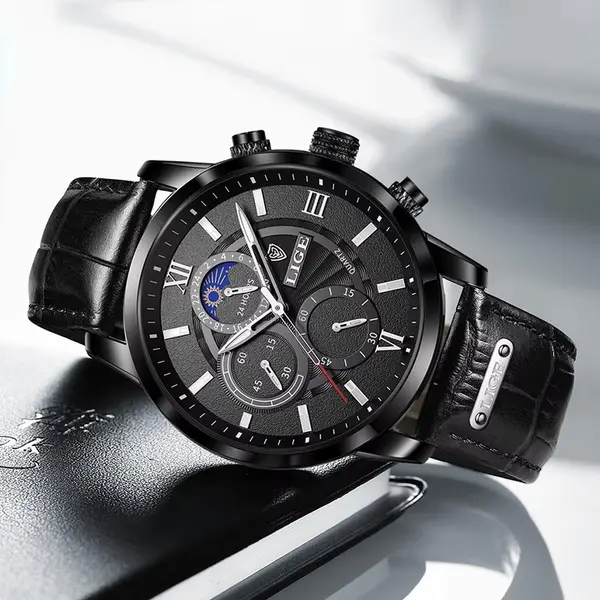 LIGE 8932 Premium Moon Phase Leather Strap Luxury Men's Watch – Dial Color: Black, Strap Color: Black – View 4