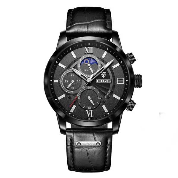 LIGE 8932 Premium Moon Phase Leather Strap Luxury Men's Watch – Dial Color: Black, Strap Color: Black – View 1