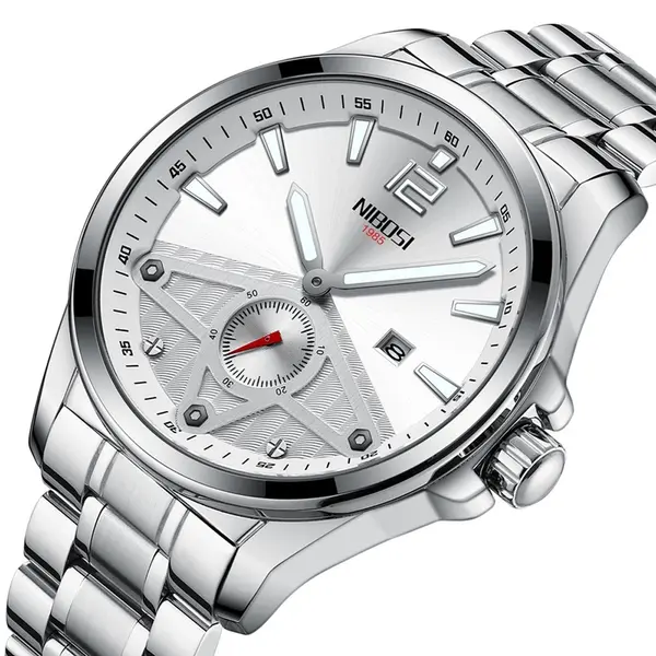 Nibosi 2511 Luxury Stainless Steel Chronograph Analog Men's Watch – Dial Color: Silver, Strap Color: Silver – View 2