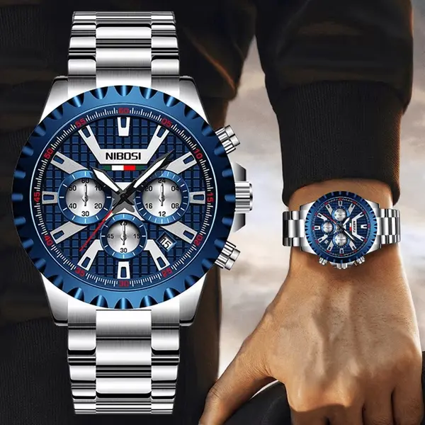 Nibosi 2505 High Quality Stainless Steel Fashionable Men's Watch – Dial Color: Sky Blue, Strap Color: Silver – View 3