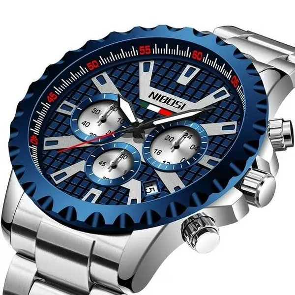 Nibosi 2505 High Quality Stainless Steel Fashionable Men's Watch – Dial Color: Sky Blue, Strap Color: Silver – View 2