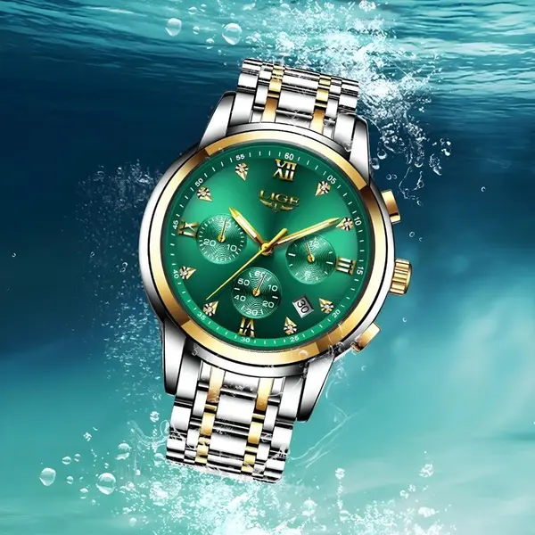 LIGE 10020 Analog Premium Stainless Steel Luxury Men's Watch – Dial Color: Green, Strap Color: Gold  – View 2