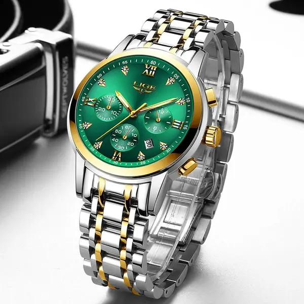 LIGE 10020 Analog Premium Stainless Steel Luxury Men's Watch – Dial Color: Green, Strap Color: Gold  – View 3