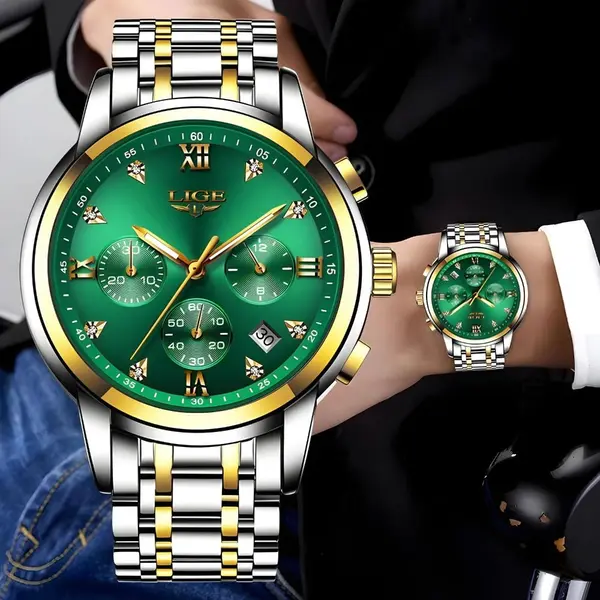 LIGE 10020 Analog Premium Stainless Steel Luxury Men's Watch – Dial Color: Green, Strap Color: Gold  – View 5