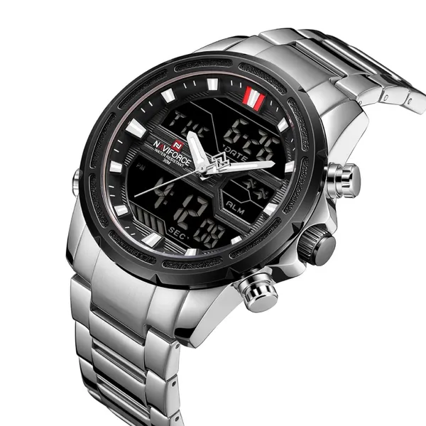 Naviforce NF9138 Luxurious Stainless Steel Men's Watch – Dial Color: Black, Strap Color: Silver – View 2