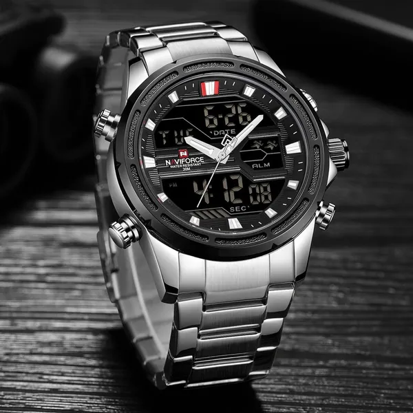 Naviforce NF9138 Luxurious Stainless Steel Men's Watch – Dial Color: Black, Strap Color: Silver – View 3