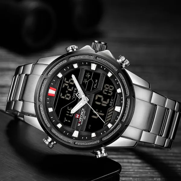 Naviforce NF9138 Luxurious Stainless Steel Men's Watch – Dial Color: Black, Strap Color: Silver – View 4