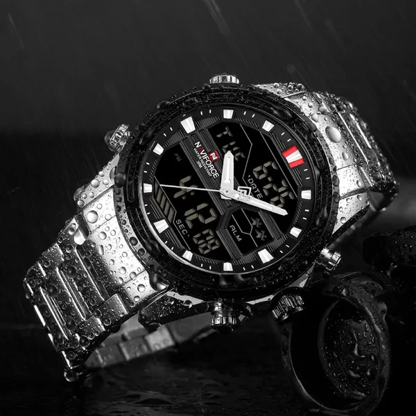 Naviforce NF9138 Luxurious Stainless Steel Men's Watch – Dial Color: Black, Strap Color: Silver – View 5