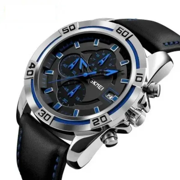Skmei 9156 Fashion Leather Luxury Military Quartz Men's Watch  – Dial Color: Blue, Strap Color: Black – View 2