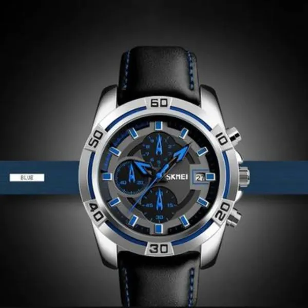 Skmei 9156 Fashion Leather Luxury Military Quartz Men's Watch  – Dial Color: Blue, Strap Color: Black – View 3
