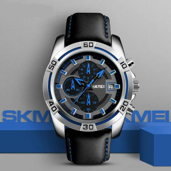 Skmei 9156 Fashion Leather Luxury Military Quartz Men's Watch  – Dial Color: Blue, Strap Color: Black – View 4