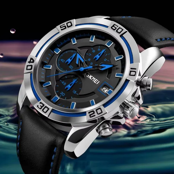 Skmei 9156 Fashion Leather Luxury Military Quartz Men's Watch  – Dial Color: Blue, Strap Color: Black – View 5