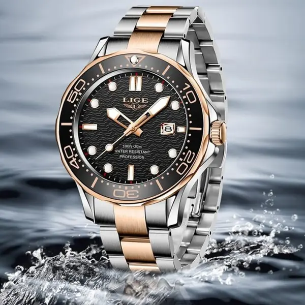 LIGE 8936 Analog Stainless Steel Waterproof Luxury Men's Watch – Dial Color: Black, Strap Color: Rose – View 2