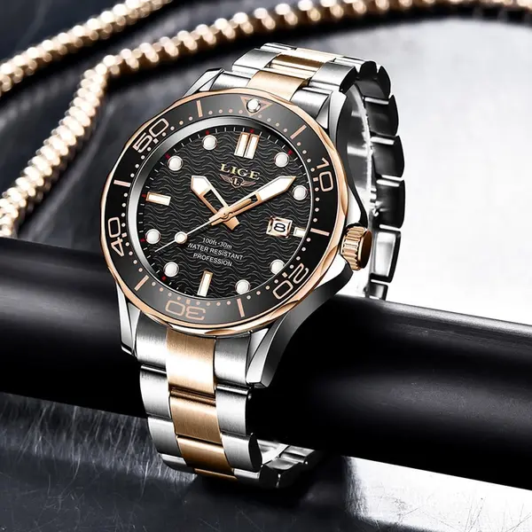 LIGE 8936 Analog Stainless Steel Waterproof Luxury Men's Watch – Dial Color: Black, Strap Color: Rose – View 3