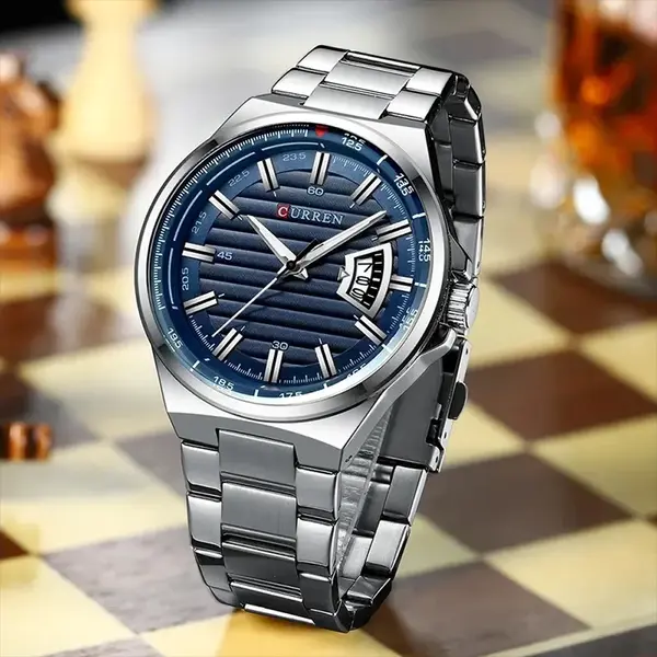 Curren 8375 Luxury Stainless Steel Analog Men's Watch – Dial Color: Blue, Strap Color: Silver – View 3