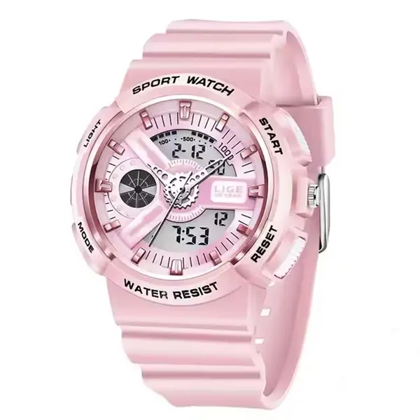 LIGE 8939 Digital Analog High Quality PU Leather Women’s Sports Watch – Dial Color: Pink, Strap Color: Pink – View 1