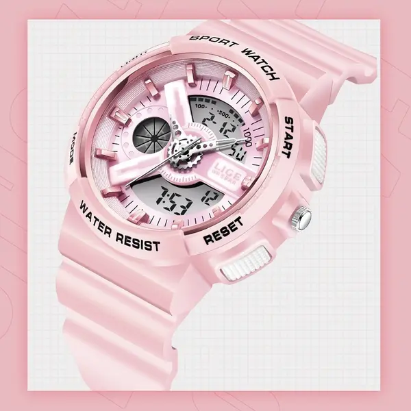 LIGE 8939 Digital Analog High Quality PU Leather Women’s Sports Watch – Dial Color: Pink, Strap Color: Pink – View 3