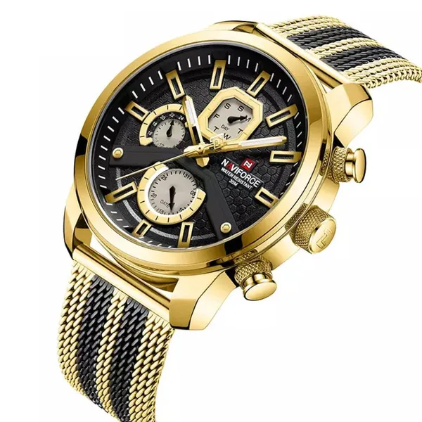 NaviForce NF9211 Chronograph Stainless Steel Luminous Men's Watch – Dial Color: Black, Strap Color: Gold  – View 2