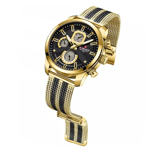 NaviForce NF9211 Chronograph Stainless Steel Luminous Men's Watch – Dial Color: Black, Strap Color: Gold  – View 3