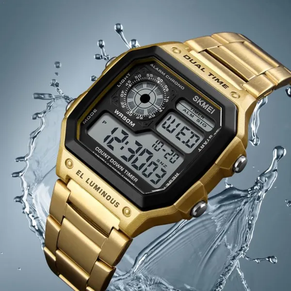 SKMEI 1335 Original Digital Men's Wrist Watch – Dial Color: Black, Strap Color: Gold – View 3