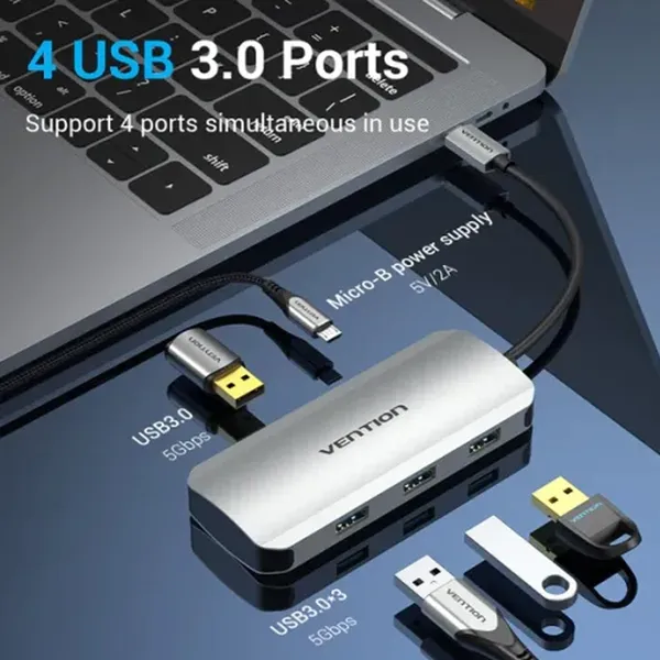 Vention TNAHB USB-C to USB 3.0 4 Port Micro-B HUB – View 2