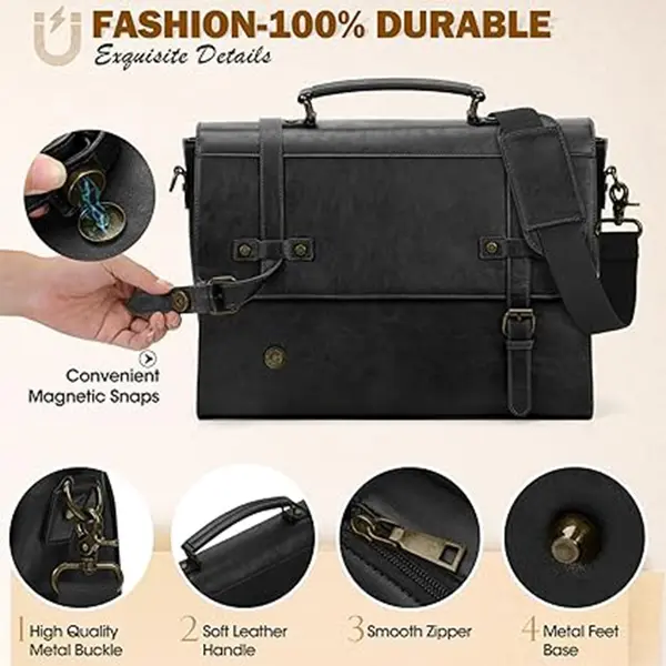RAINSMORE Mens Waterproof Vintage Leather 17 Inch Large Office Business Bag – Color: Black – View 3