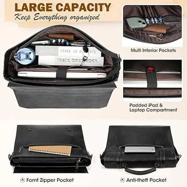 RAINSMORE Mens Waterproof Vintage Leather 17 Inch Large Office Business Bag – Color: Black – View 2