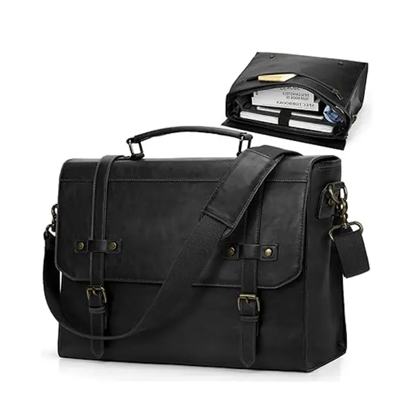 RAINSMORE Mens Waterproof Vintage Leather 17 Inch Large Office Business Bag – Color: Black – View 1