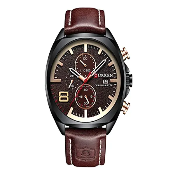 Curren 8324 Genuine Leather Strap Quartz Chronograph Men's Watch – Dial Color: Black, Strap Color:  Brown  – View 1