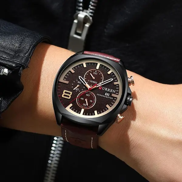 Curren 8324 Genuine Leather Strap Quartz Chronograph Men's Watch – Dial Color: Black, Strap Color:  Brown  – View 3