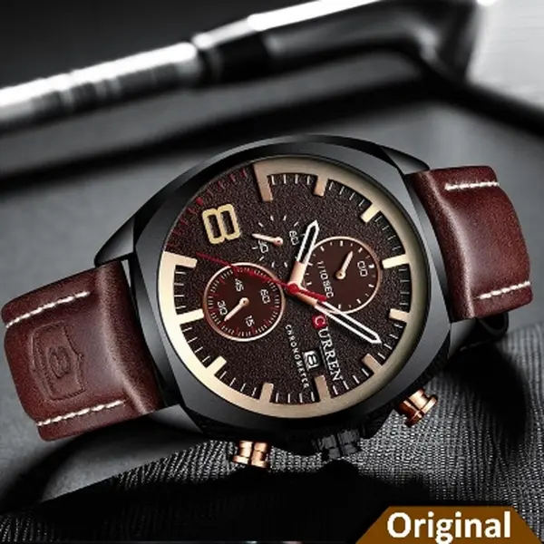 Curren 8324 Genuine Leather Strap Quartz Chronograph Men's Watch – Dial Color: Black, Strap Color:  Brown  – View 2
