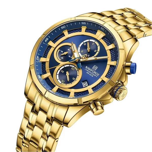 Naviforce 8046 Chronograph Stainless Steel Men Watch – Dial Color: Blue, Strap Color: Gold  – View 2