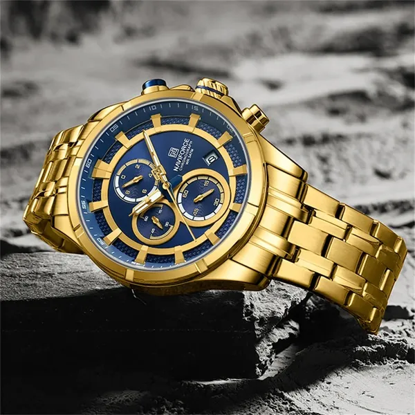 Naviforce 8046 Chronograph Stainless Steel Men Watch – Dial Color: Blue, Strap Color: Gold  – View 3