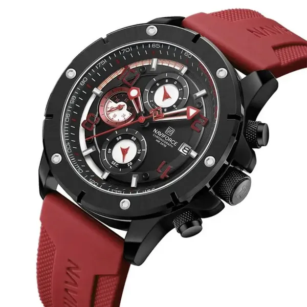 NAVIFORCE NF8034 Chronograph Multifunctional Waterproof Men’s Watch – Dial Color: Black, Strap Color: Red – View 2