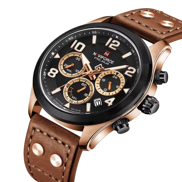 NAVIFORCE NF1006 Solar-Powered Movement Luminous Men Watch – Dial Color: Brown, Strap Color:  Brown  – View 2