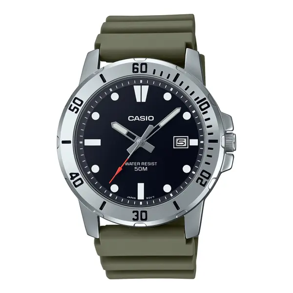 CASIO MTP-VD01-5EVUDF Enticer Stainless Steel Case Luminescent Men's Sports Analog Watch – Dial Color: Black, Strap Color: Green  – View 1
