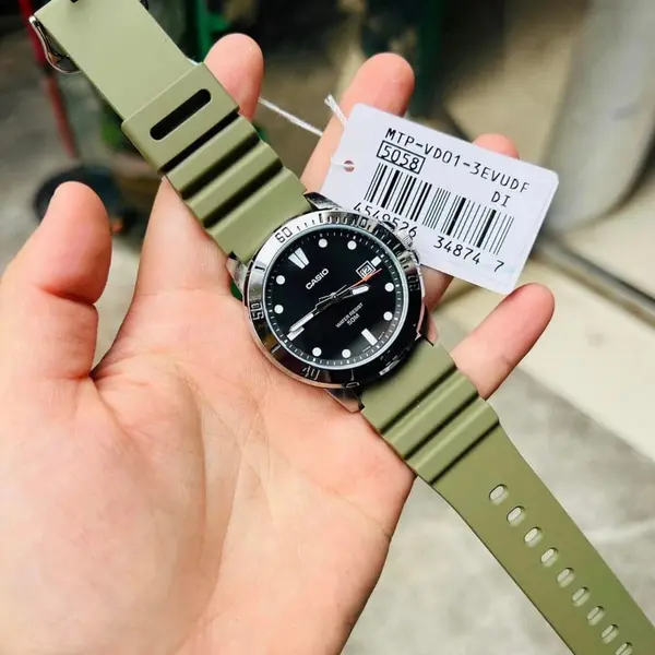 CASIO MTP-VD01-5EVUDF Enticer Stainless Steel Case Luminescent Men's Sports Analog Watch – Dial Color: Black, Strap Color: Green  – View 6