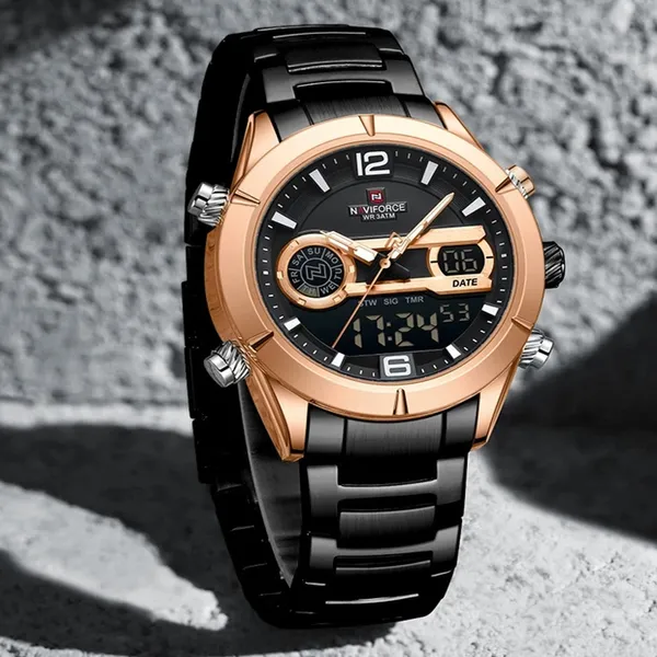Naviforce 9232 Luxury Stainless Steel Strap Analog Digital Sports Men's Watch – Dial Color: Brown, Strap Color: Black – View 2