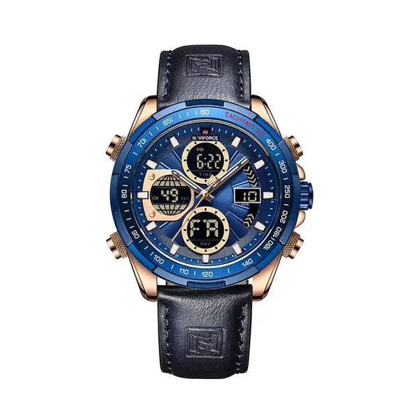 Naviforce NF9197L Comfortable Genuine Leather Strap Dual Display Sport Men's Watch – Dial Color: Gold, Strap Color: Blue – View 1