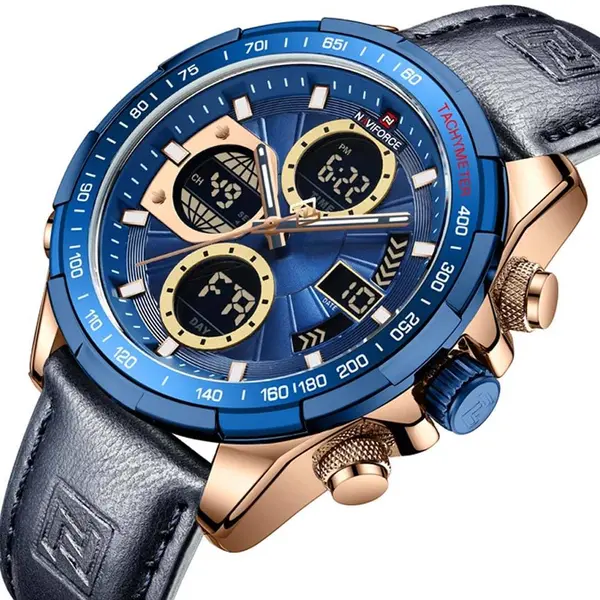 Naviforce NF9197L Comfortable Genuine Leather Strap Dual Display Sport Men's Watch – Dial Color: Gold, Strap Color: Blue – View 3