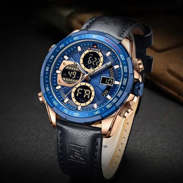 Naviforce NF9197L Comfortable Genuine Leather Strap Dual Display Sport Men's Watch – Dial Color: Gold, Strap Color: Blue – View 4