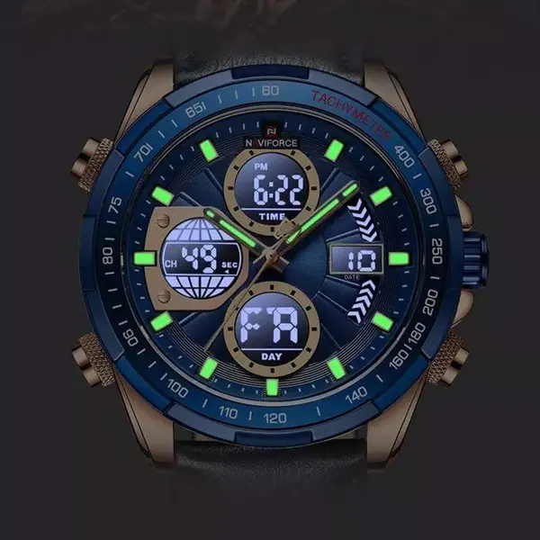 Naviforce NF9197L Comfortable Genuine Leather Strap Dual Display Sport Men's Watch – Dial Color: Gold, Strap Color: Blue – View 5