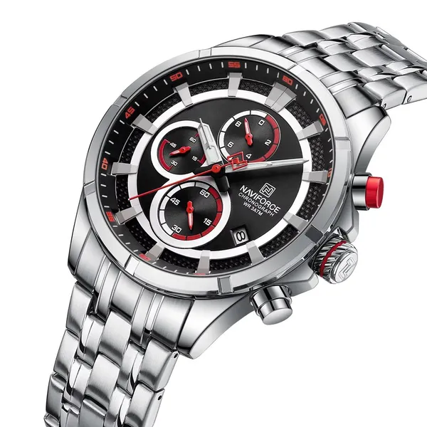 Naviforce 8046 Chronograph Stainless Steel Men Watch – Dial Color: Black, Strap Color: Silver – View 2