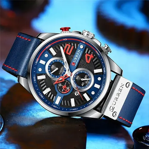 Curren 8393 High Quality Genuine Leather Straps Chronograph Men's Watch – Dial Color: Blue, Strap Color: Blue – View 4