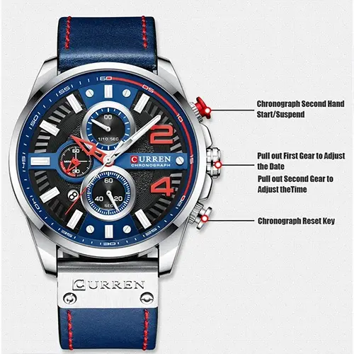 Curren 8393 High Quality Genuine Leather Straps Chronograph Men's Watch – Dial Color: Blue, Strap Color: Blue – View 8
