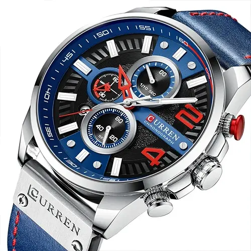 Curren 8393 High Quality Genuine Leather Straps Chronograph Men's Watch – Dial Color: Blue, Strap Color: Blue – View 3