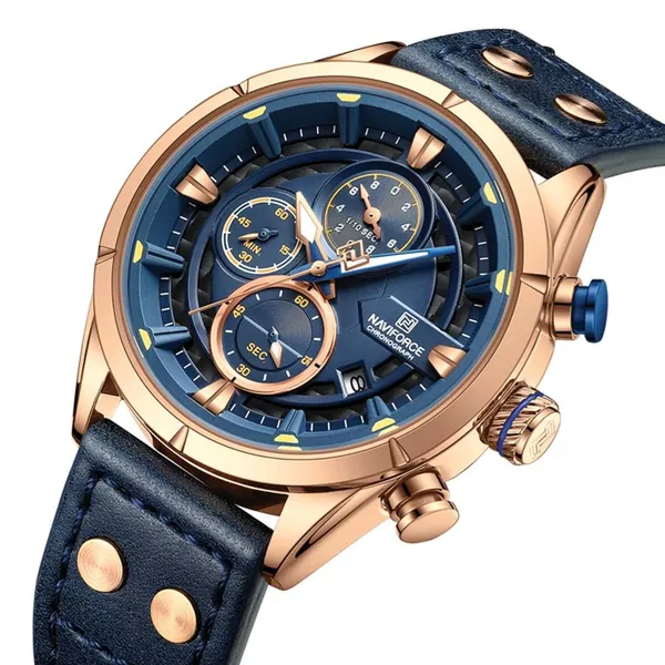 Naviforce NF8045 Vintage Sports Genuine Leather Men's Watch – Dial Color: Blue, Strap Color: Blue – View 2