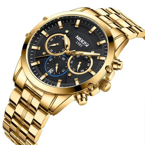 Nibosi 2565 High Quality Stainless Steel Analog Men's Watch – Dial Color: Black, Strap Color: Gold – View 3