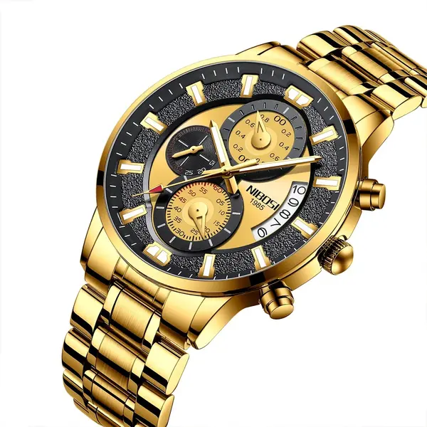 Nibosi 2382 Luxury Stainless Steel Waterproof Men's Watch – Dial Color: Gold, Strap Color: Gold – View 2