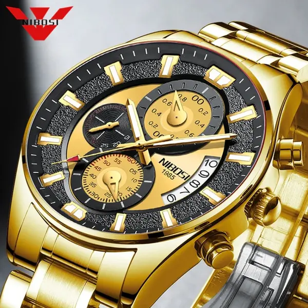 Nibosi 2382 Luxury Stainless Steel Waterproof Men's Watch – Dial Color: Gold, Strap Color: Gold – View 3